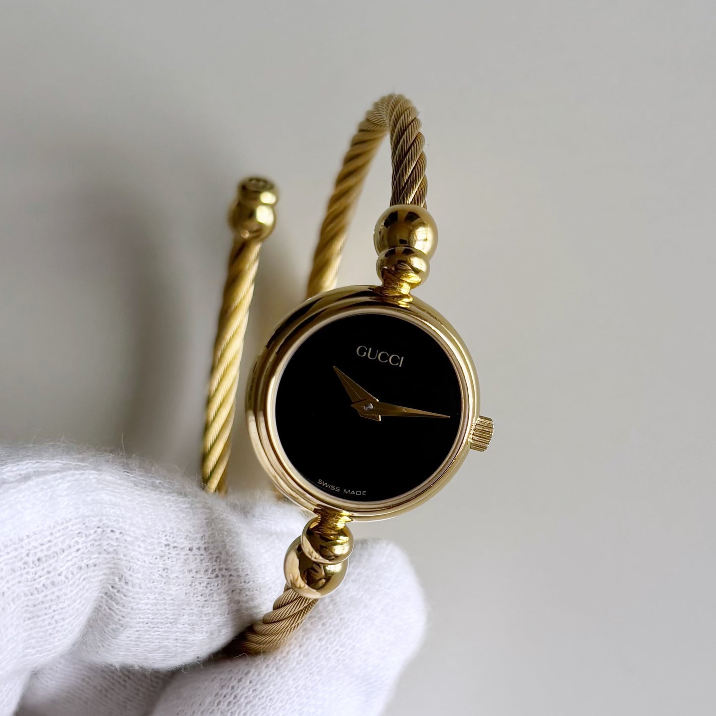 Gucci 1990s Black Dial Gold Plated Cable Bangle Watch