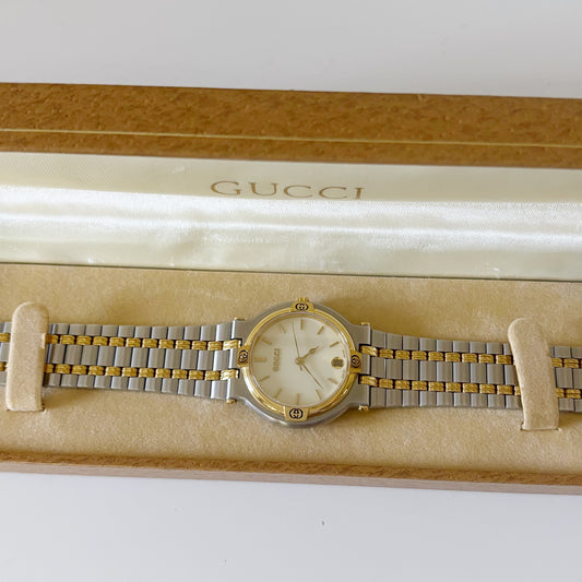 Gucci 1990s Date Round Dial Two Tone Watch (Large)
