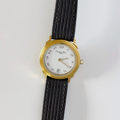 Dior 1990s Date Gold Plated Round Watch