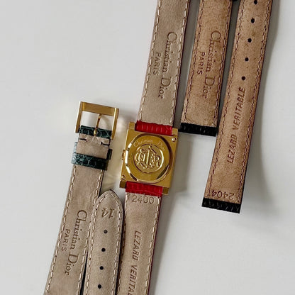 Dior 1990s Square Dial Interchangeable strap Gold Plated Watch with 3 straps, case