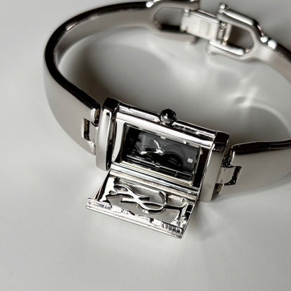 Yves Saint Laurent 1990s Black Dial Silver Bangle Watch