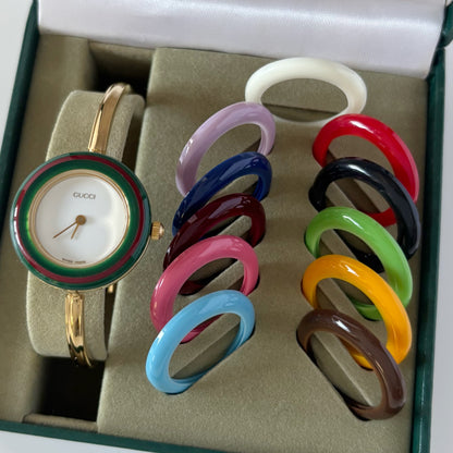 Gucci 1990s Interchangeable Bezel Gold Plated Bangle Watch with 12 bezels, case