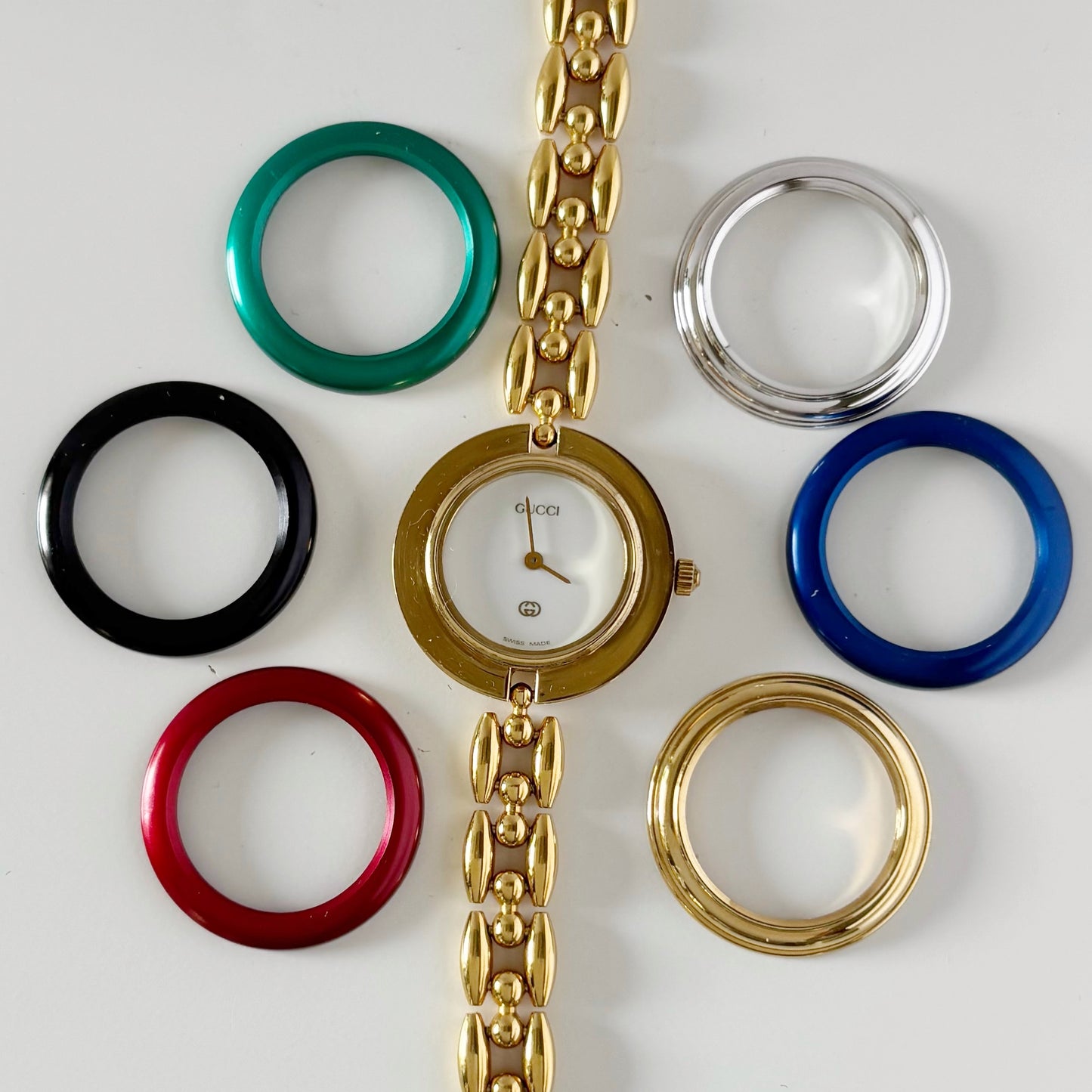 Gucci 1990s Interchangeable Bezel Gold Plated Watch with 6 bezels, case (160mm)