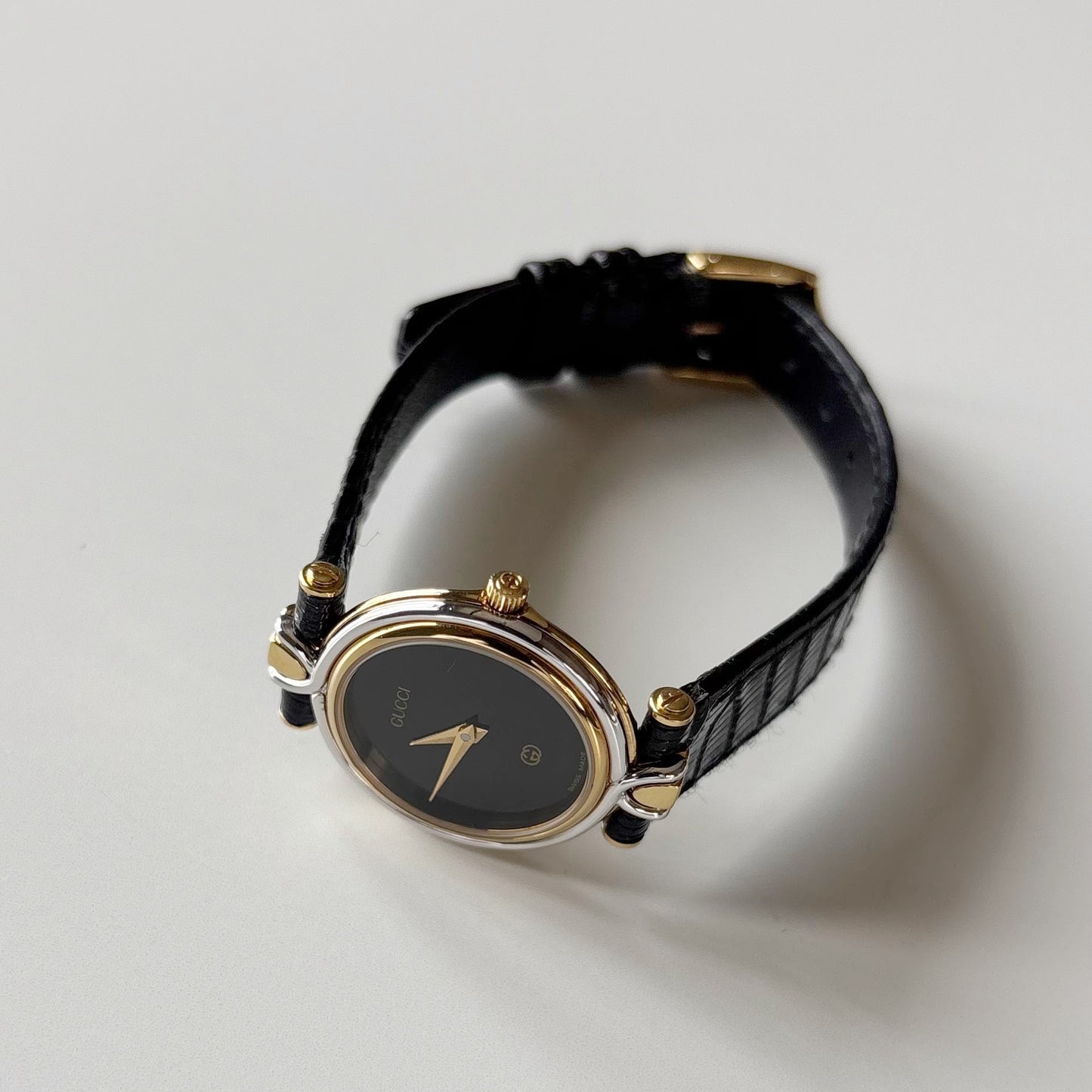 Gucci 1980s Black Round Dial Two Tone Watch