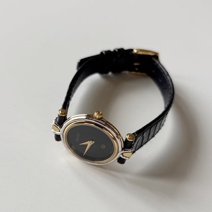 Gucci 1980s Black Round Dial Two Tone Watch