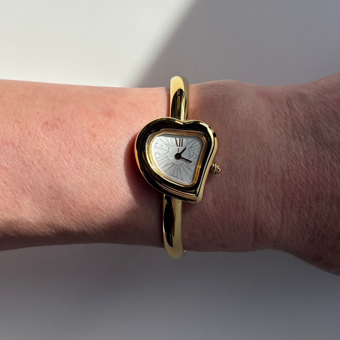 Yves Saint Laurent 1990s Heart Shaped Dial Gold Plated Bangle Watch