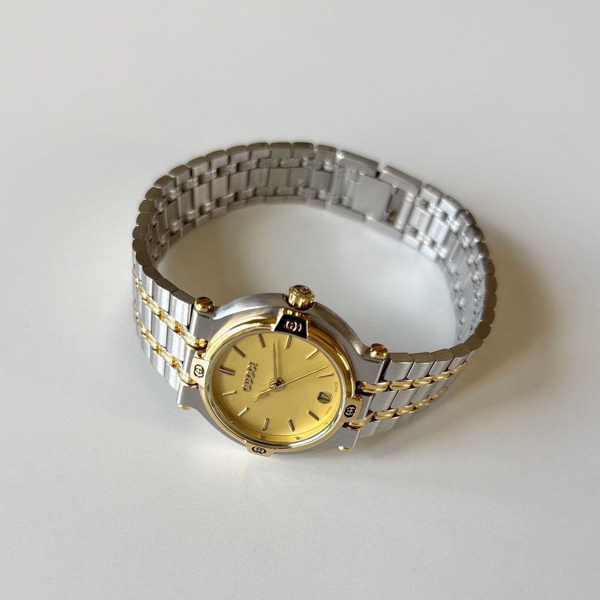 Gucci 1990s Date Round Dial Two Tone Gold Plated Watch