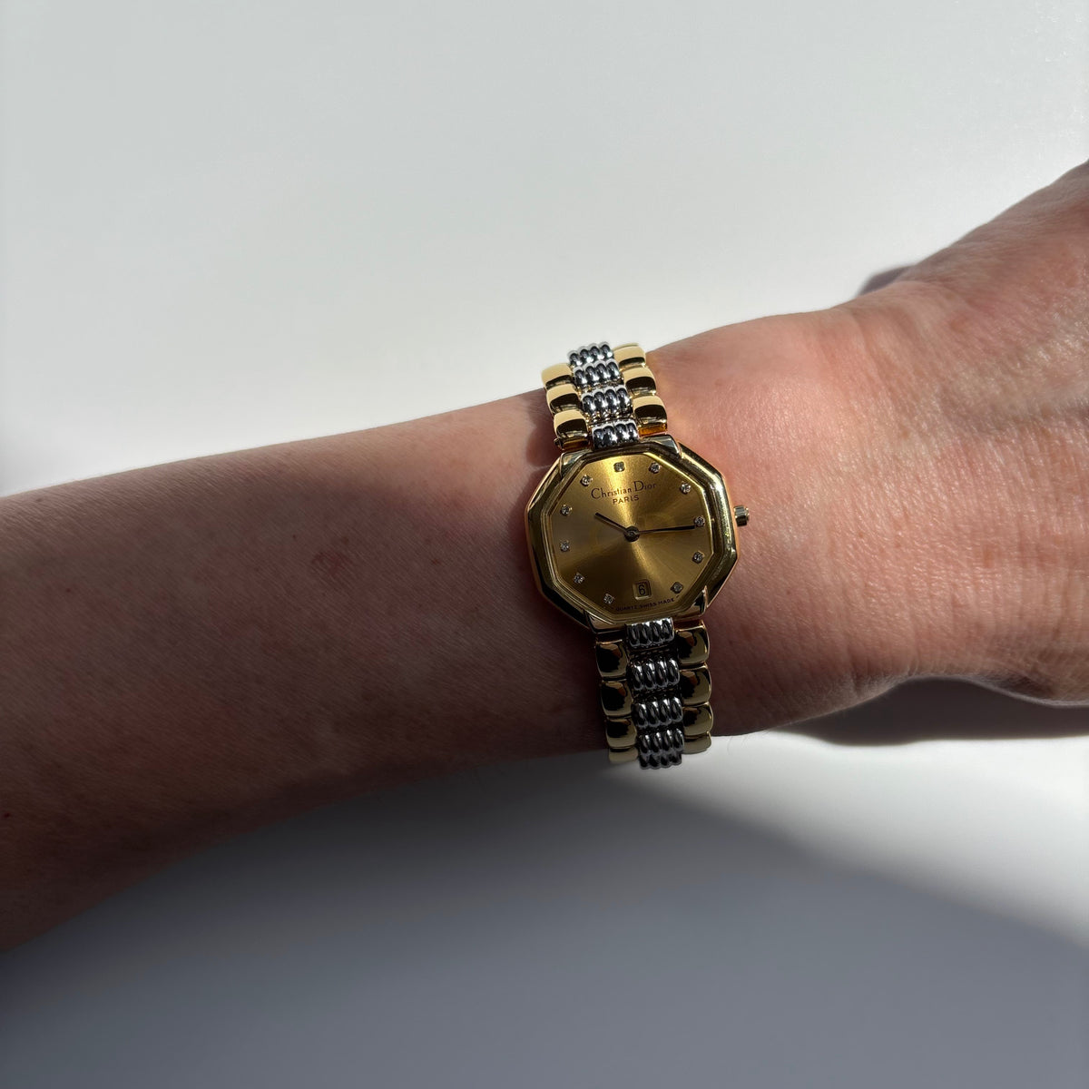 Dior 1990s Octagon Gold Dial Two-Tone Gold-Plated Watch