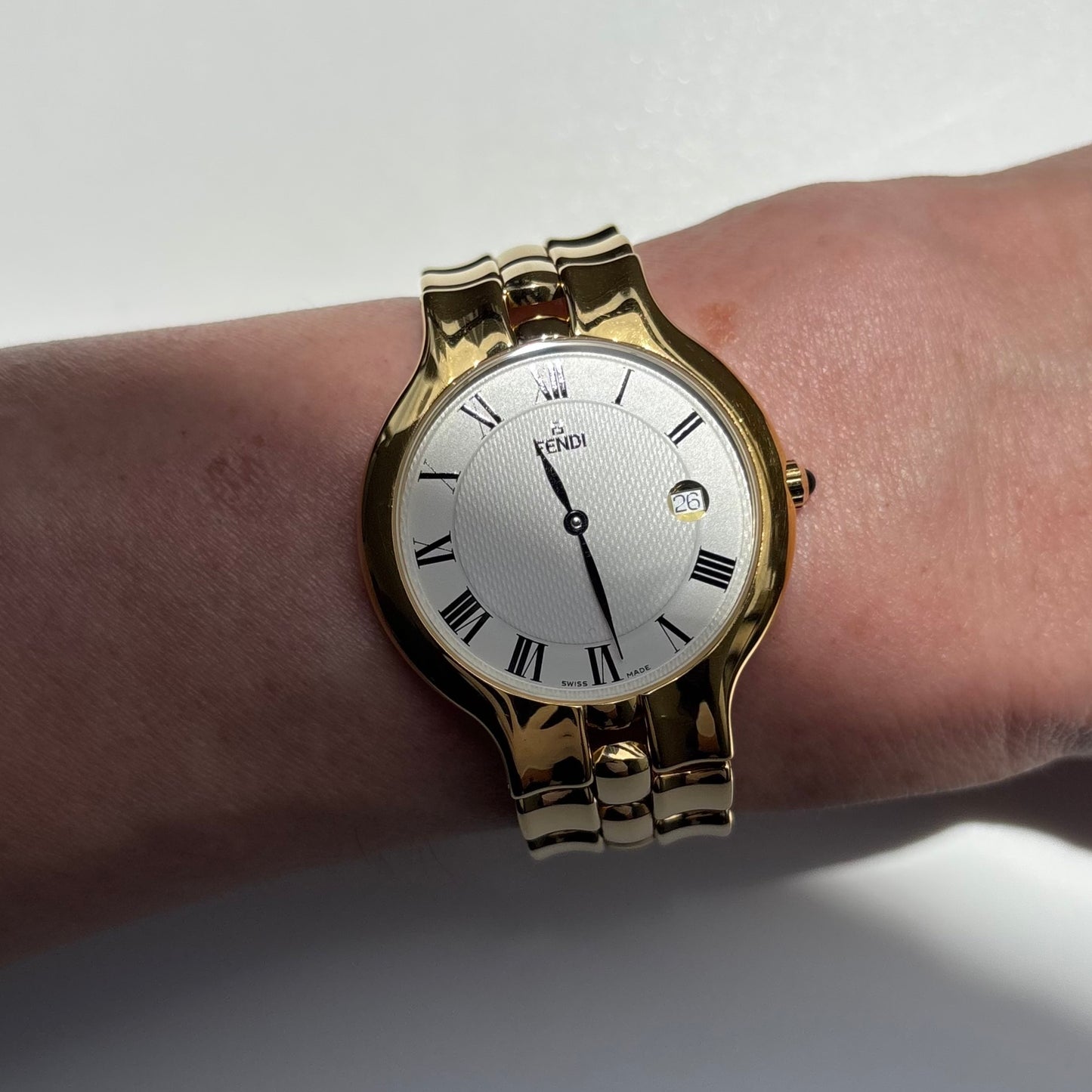 Fendi 1990s Date Round Dial Gold Plated Watch (Large)