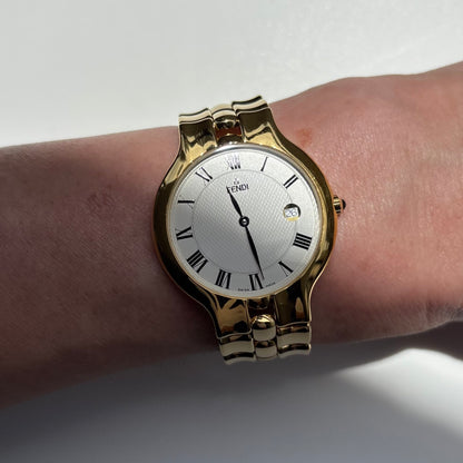 Fendi 1990s Date Round Dial Gold Plated Watch (Large)
