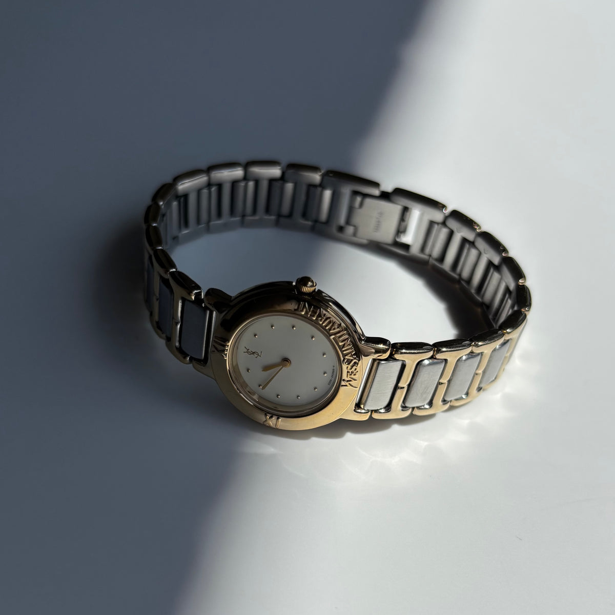 Yves Saint Laurent 1990s Cream Round Dial Two-Tone Gold-Plated Watch