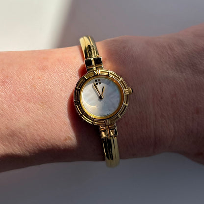Yves Saint Laurent 1990s Seashell Dial Gold Plated Bangle Watch (Small)