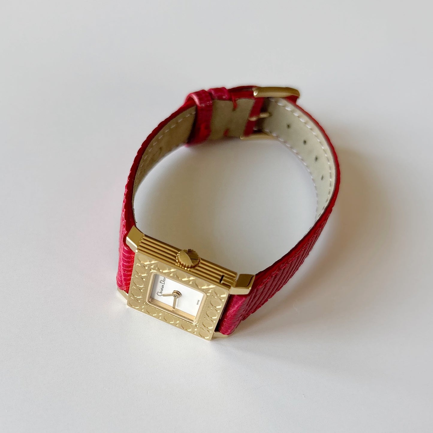Dior 1990s La Parisienne Interchangeable Strap Square Dial Gold Plated Watch with 3 straps, case