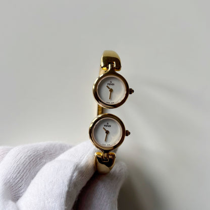 Fendi 1990s Seashell Dial Two Time Zone Gold Plated Bangle Watch