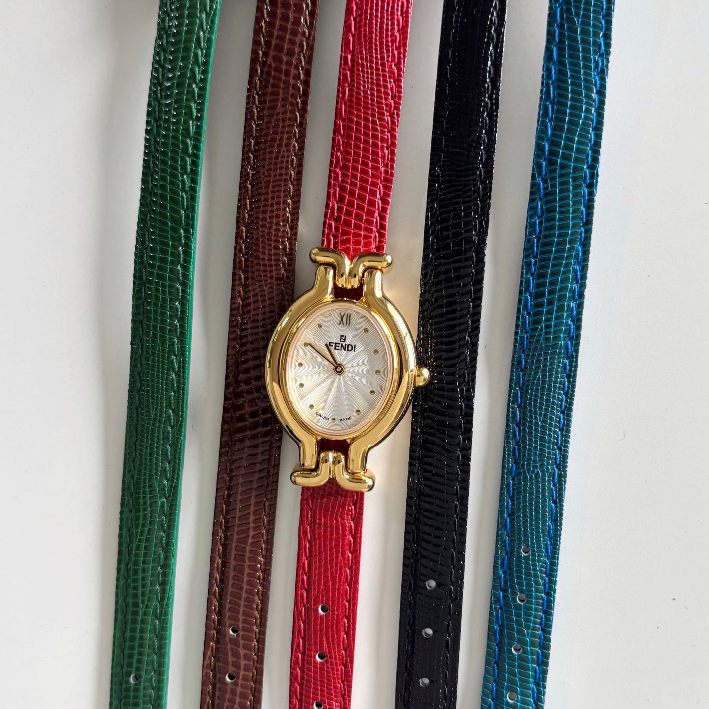 Fendi 1990s Interchangeable Strap Gold Plated Watch with 5 straps, case