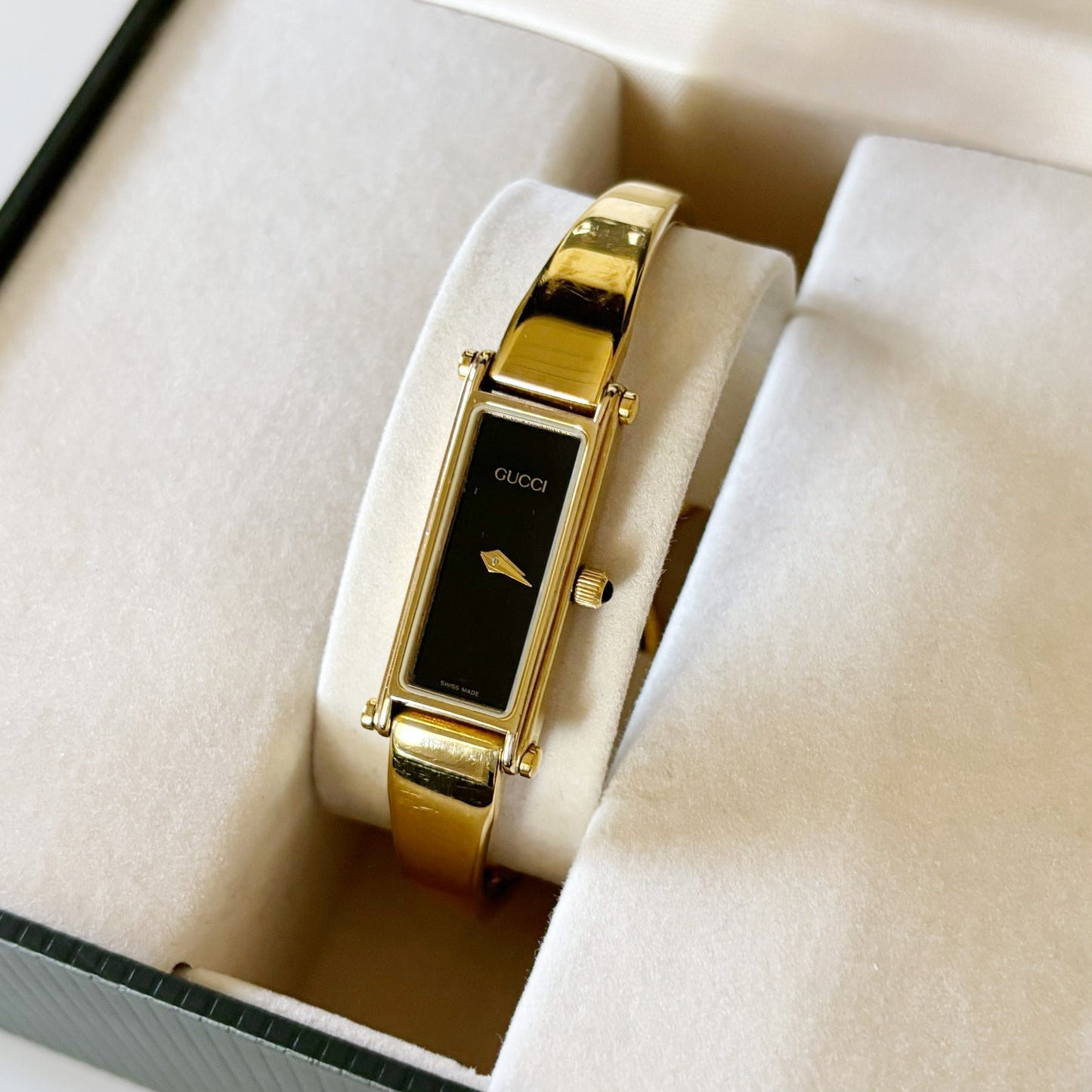 Gucci 1990s Rectangular Black Dial Gold Plated Bangle Watch