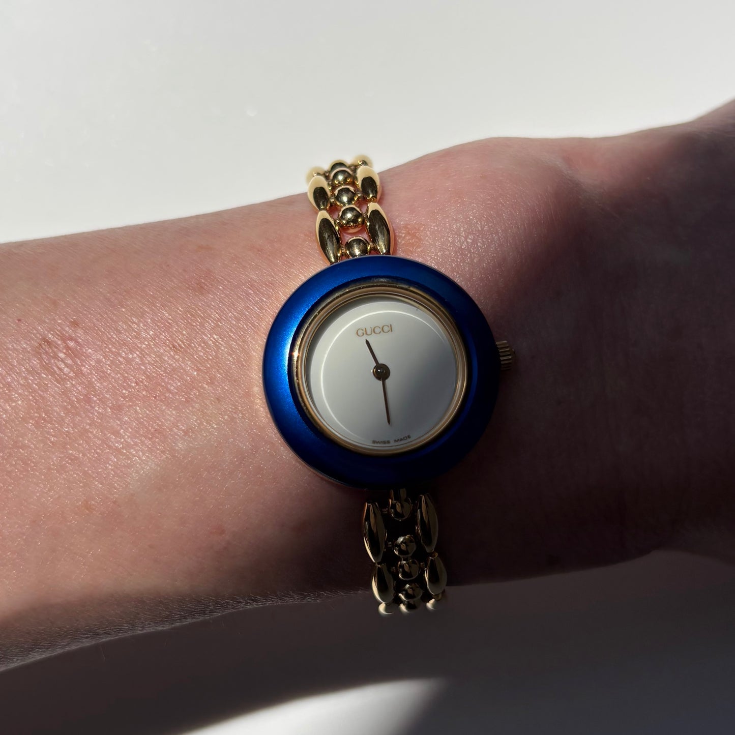 Gucci 1990s Interchangeable Bezel Gold Plated Rice Chain Watch with 6 bezels, case (165mm)