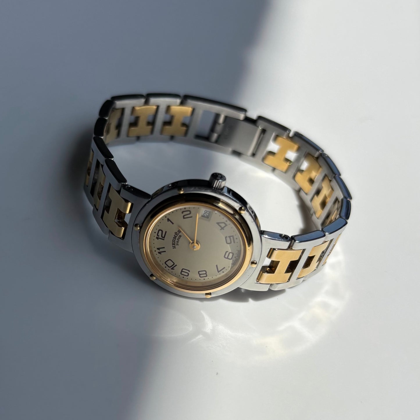 Hermes 1990s Cream Round Dial Gold Plated Two Tone Watch