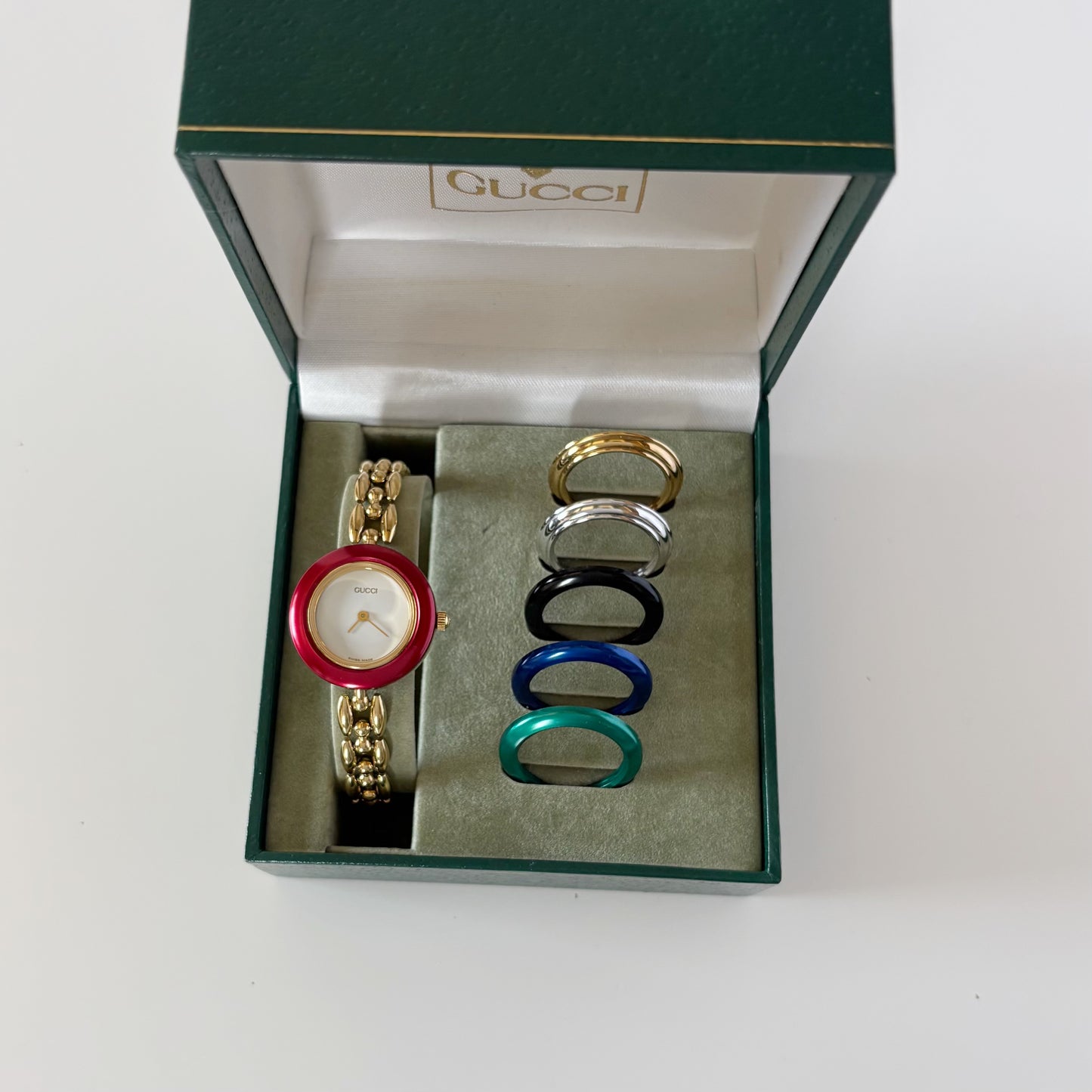 990s Interchangeable Bezel Gold Plated Rice Chain Watch with case, 6 bezels (160mm)