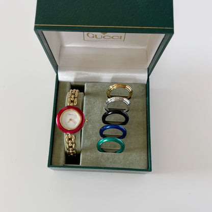 990s Interchangeable Bezel Gold Plated Rice Chain Watch with case, 6 bezels (160mm)
