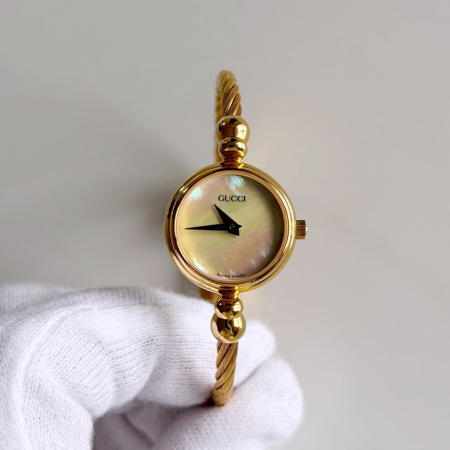 Gucci 1990s Seashell Dial Gold Plated Cable Band Bangle Watch