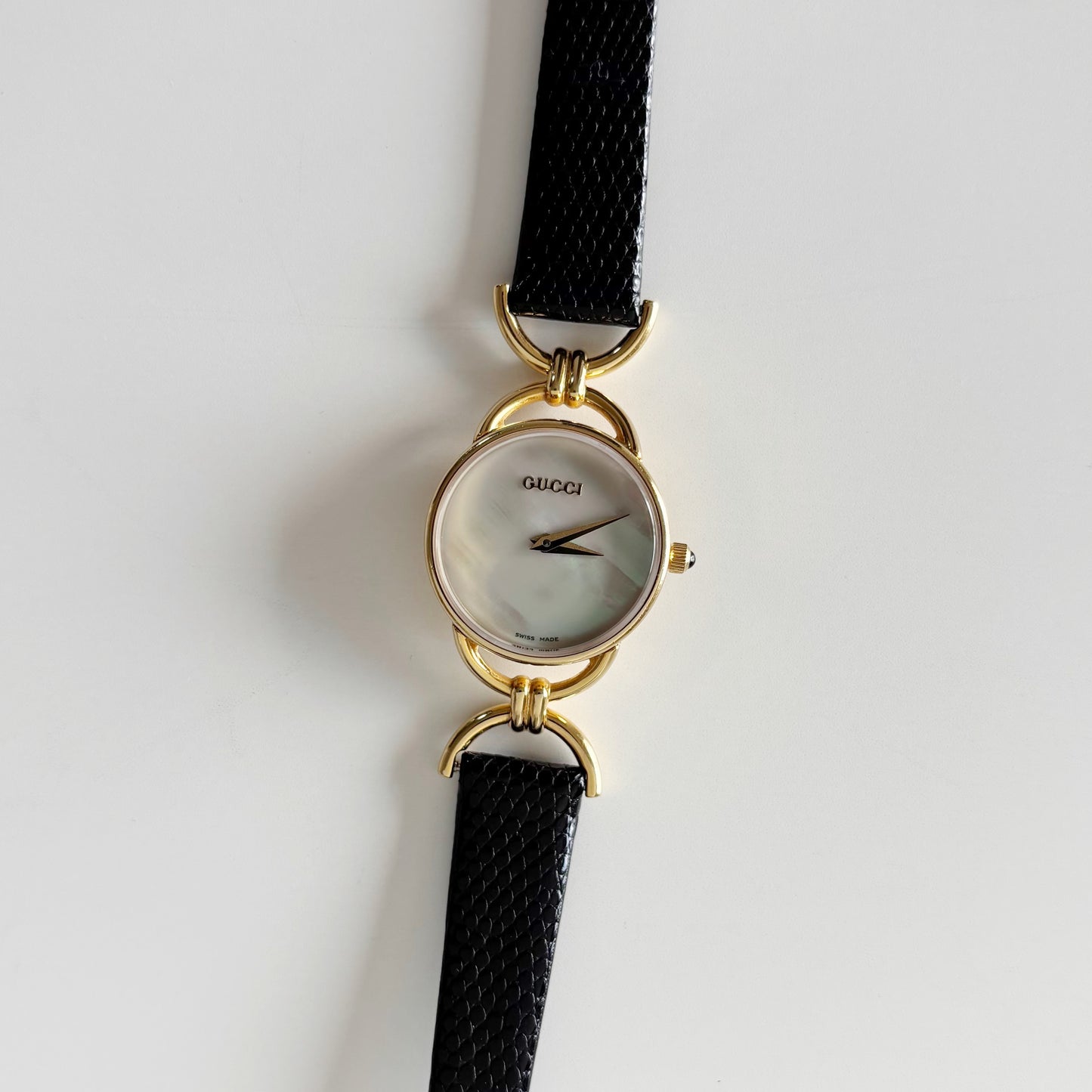 Gucci 1990s Seashell Dial Gold Plated Horsebit Watch