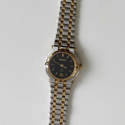 Gucci 1990s Black Dial Gold Plated Two Tone Watch