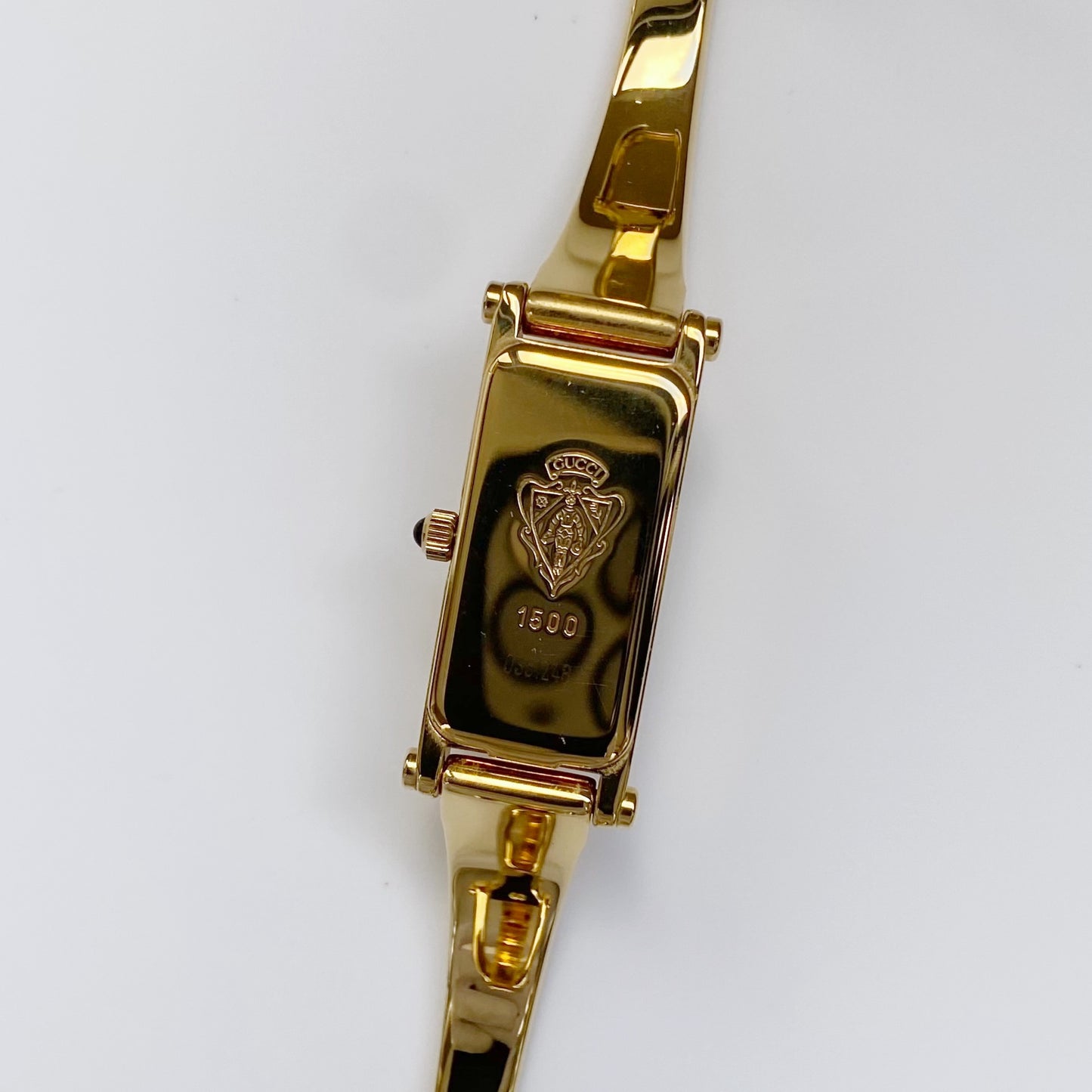 Gucci 1990s Rectangular Gold Dial Gold Plated Bangle Watch (Small)