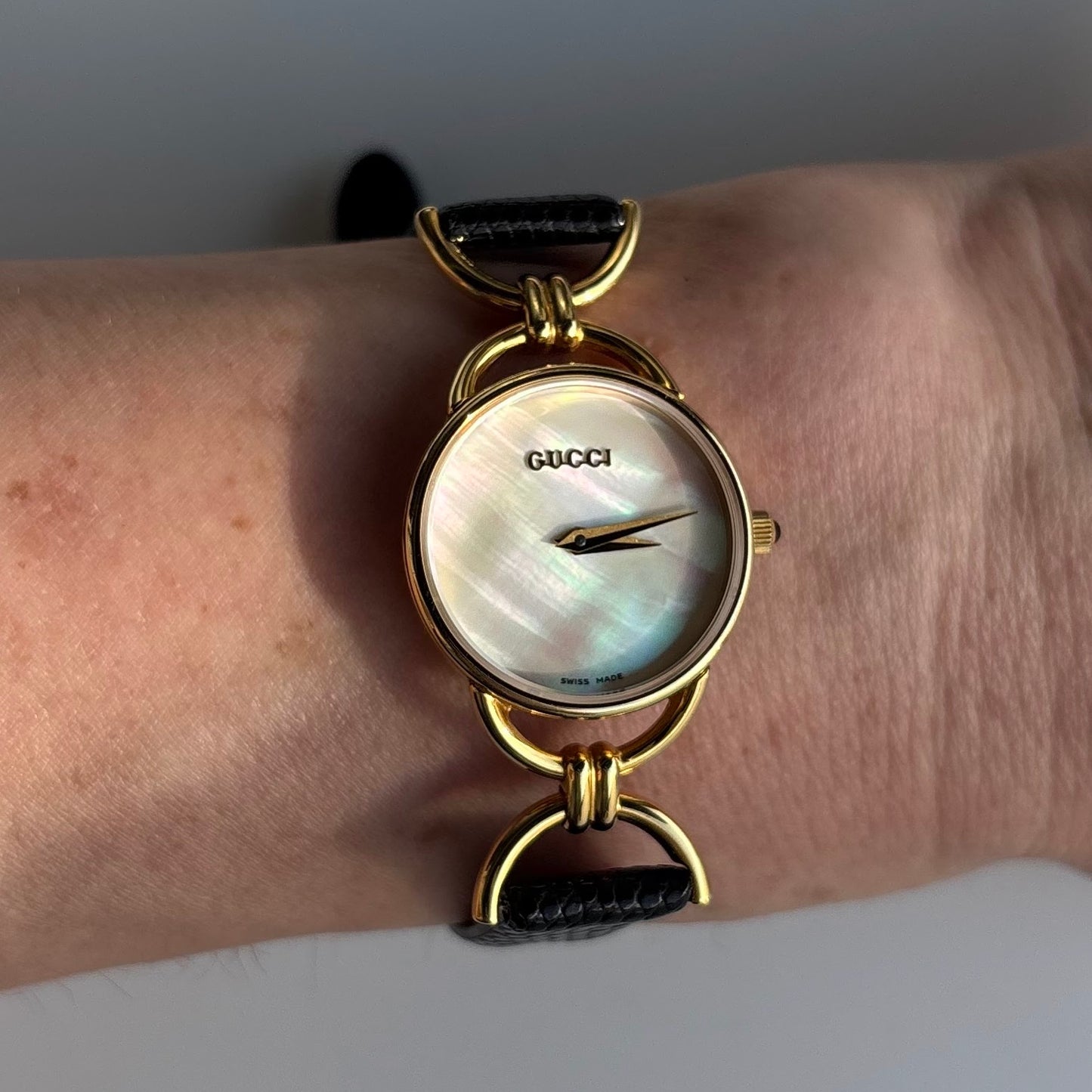 Gucci 1990s Seashell Dial Gold Plated Horsebit Watch