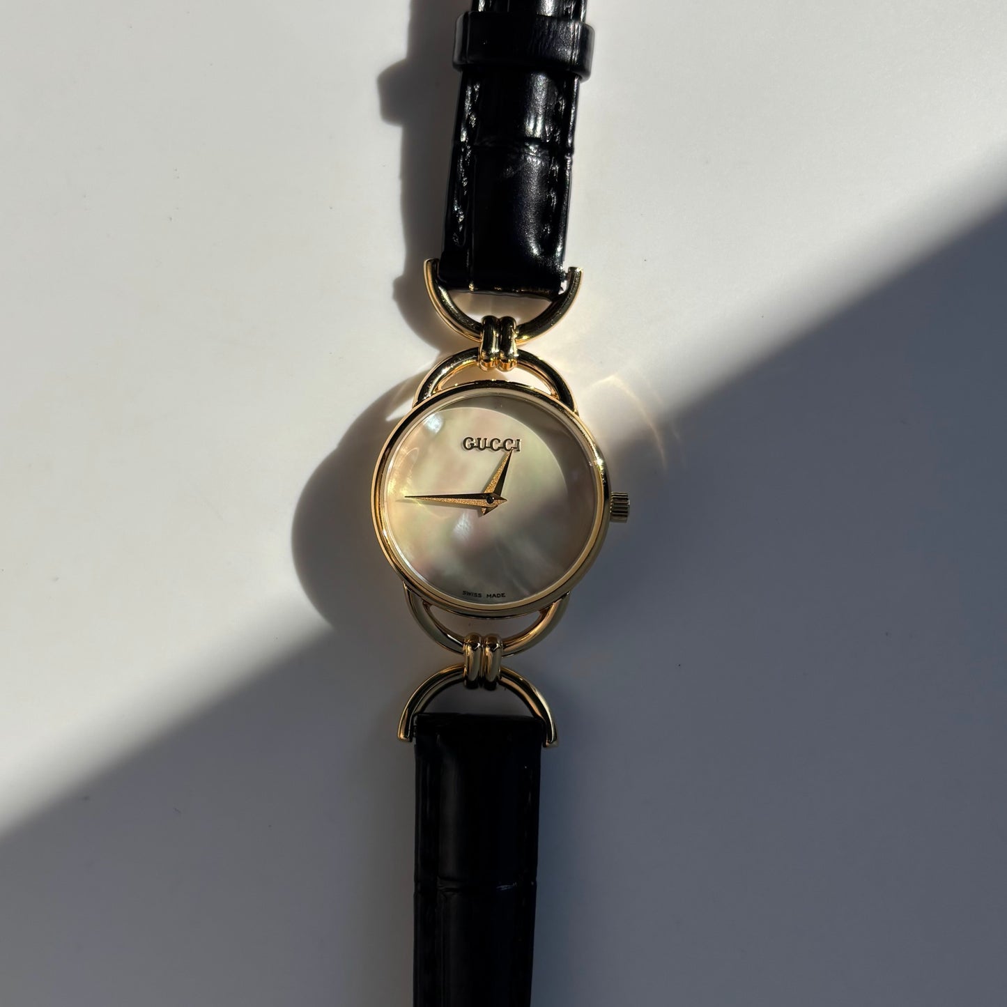 Gucci 1990s Seashell Dial Gold Plate Horsebit Watch