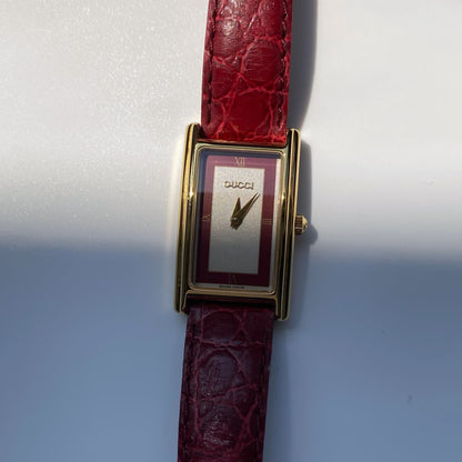 Gucci 1990s Gold Plated Rectangular Red Leather Watch