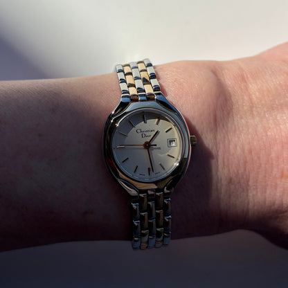 Dior 1990s Date Round Dial Two Tone Watch