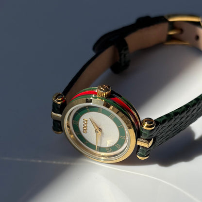 Gucci 1990s Round Dial Green Gold Plated Watch