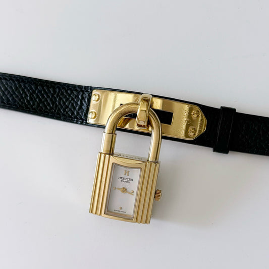 Hermés 1990s Kelly Gold Plated Black Leather strap Watch