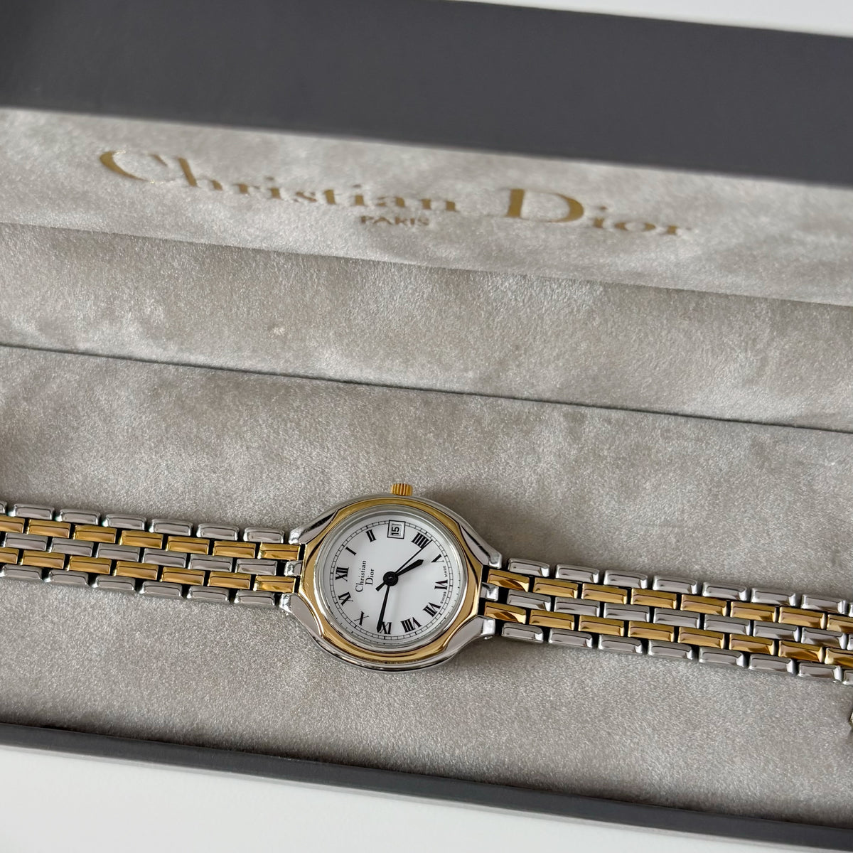 Dior 1990s Date Round Dial Gold Plated Two Tone Watch