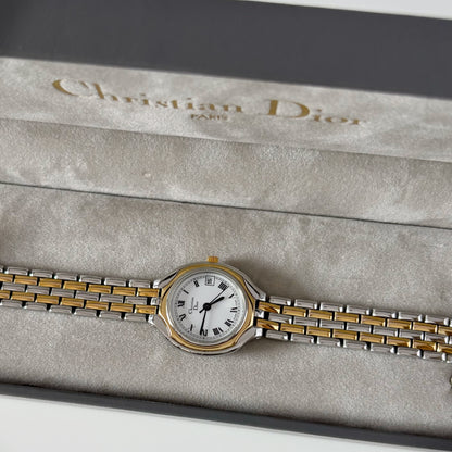 Dior 1990s Date Round Dial Gold Plated Two Tone Watch