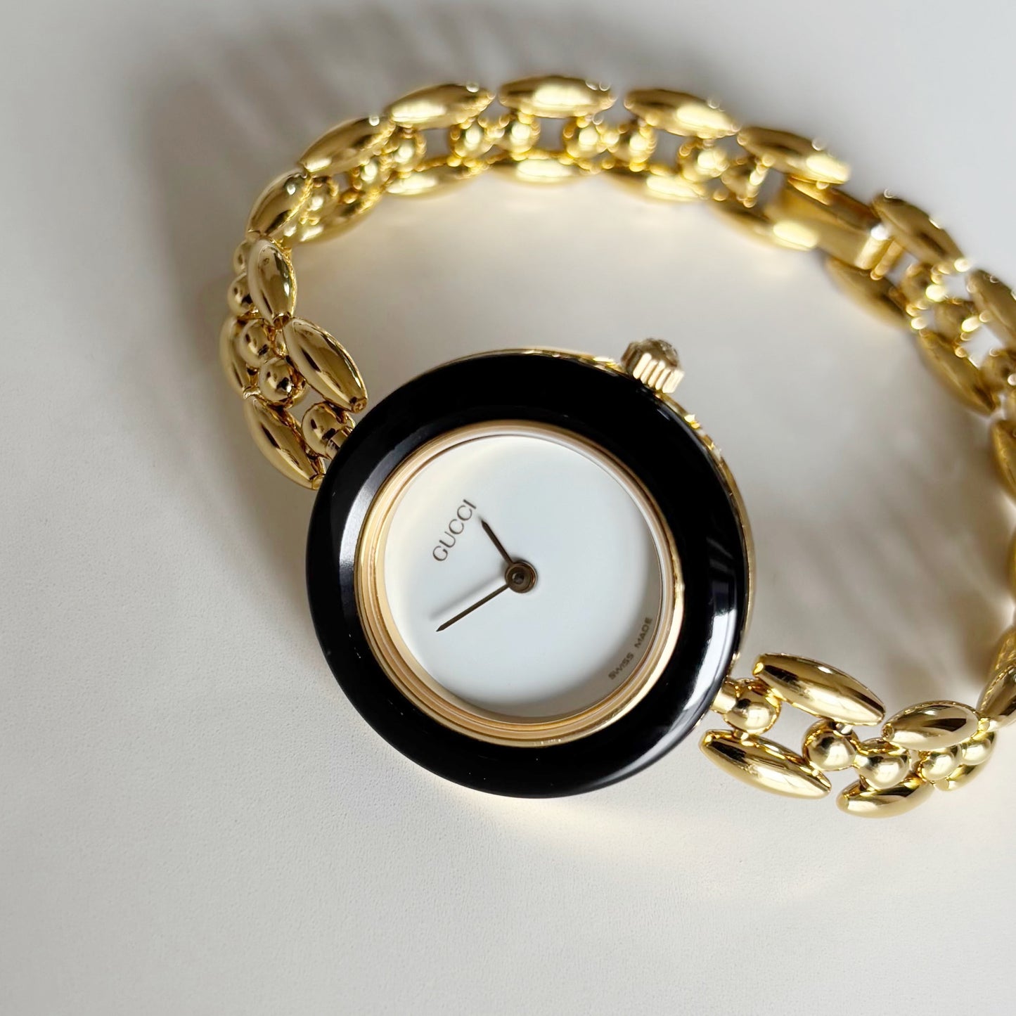 Gucci 1990s Interchangeable Bezel Gold Plated Rice Chain Watch with 6 bezels, case (160mm)