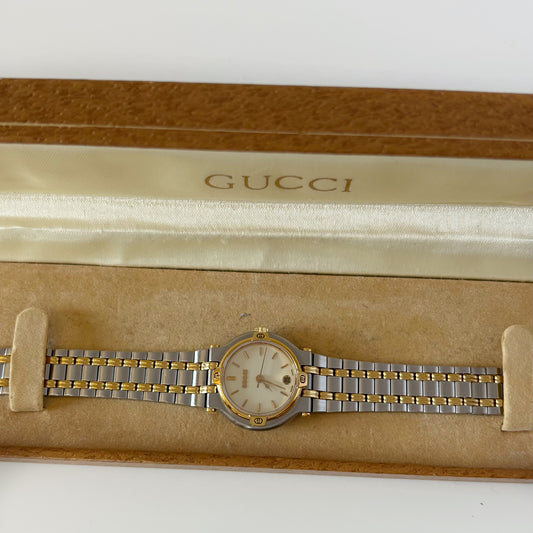 Gucci 1990s Date Round Dial Two Tone Gold Plated Watch