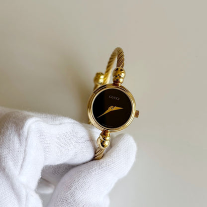Gucci 1990s Black Dial Gold Plated Cable Bangle Watch