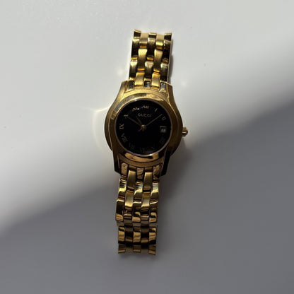 Gucci 1990s Date Black Round Dial Gold-Plated Watch