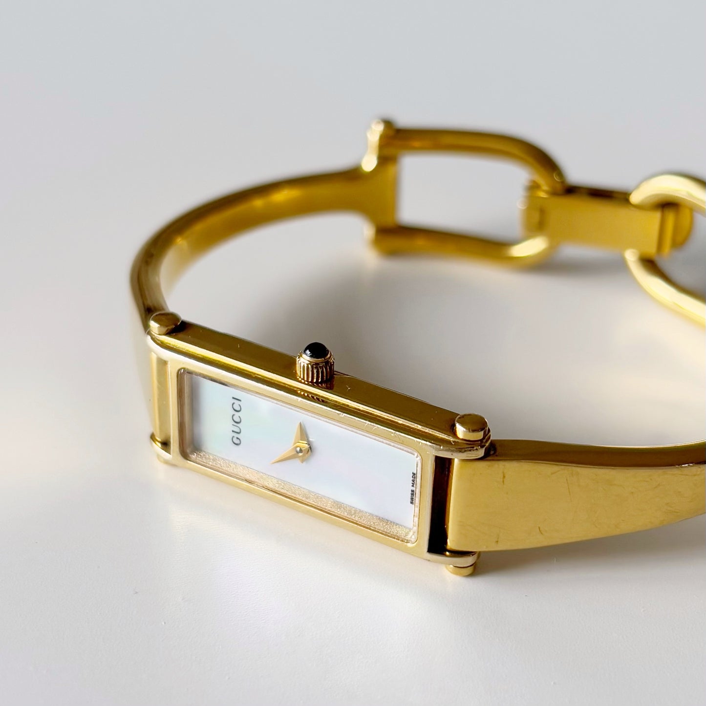 Gucci 1990s Seashell Dial Rectangular Gold Plated Bangle Watch