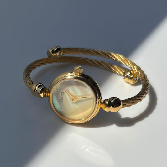 Gucci 1990s Seashell Dial Gold Plated Cable Bangle Watch