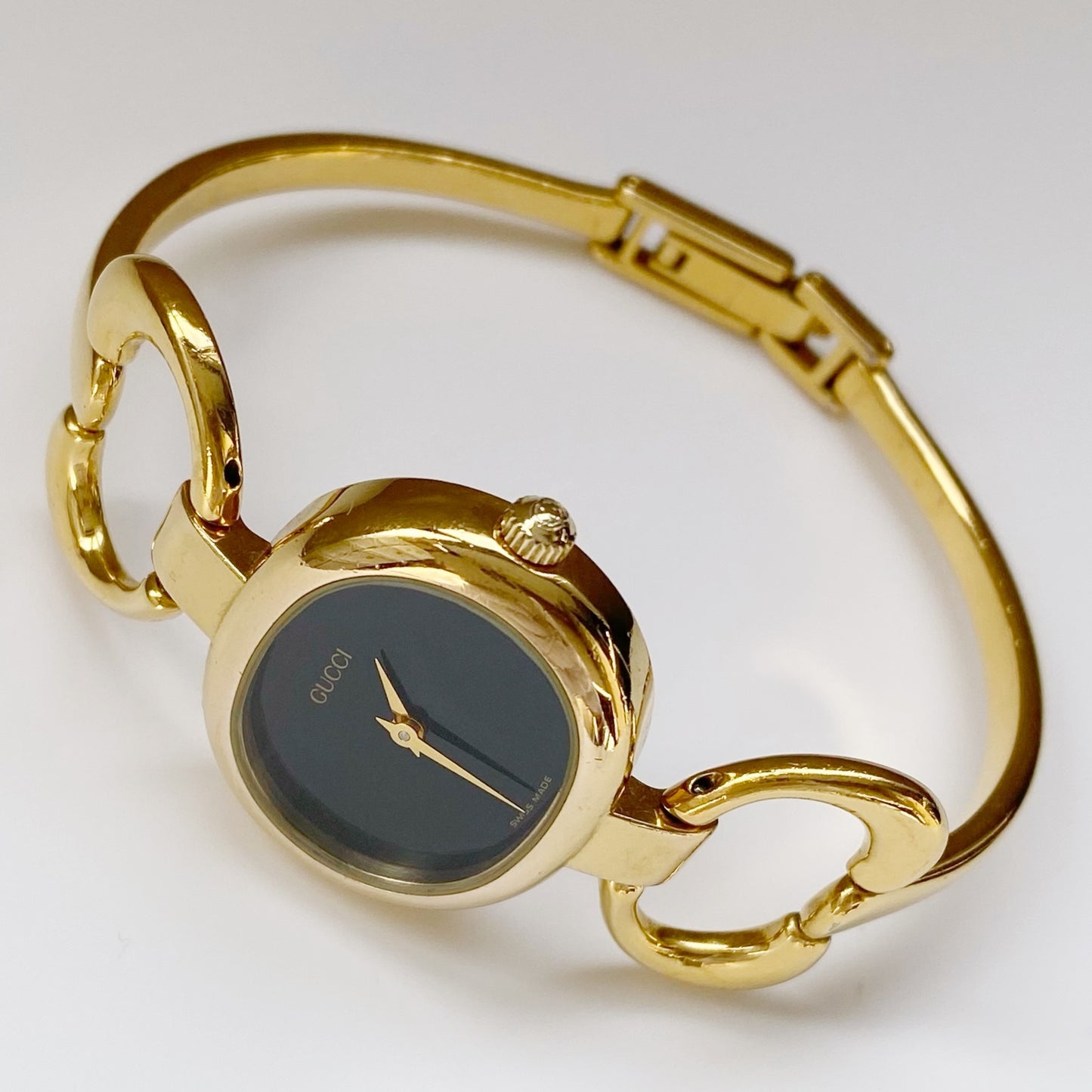 Gucci 1990s Black Dial Gold Plated Bangle Watch