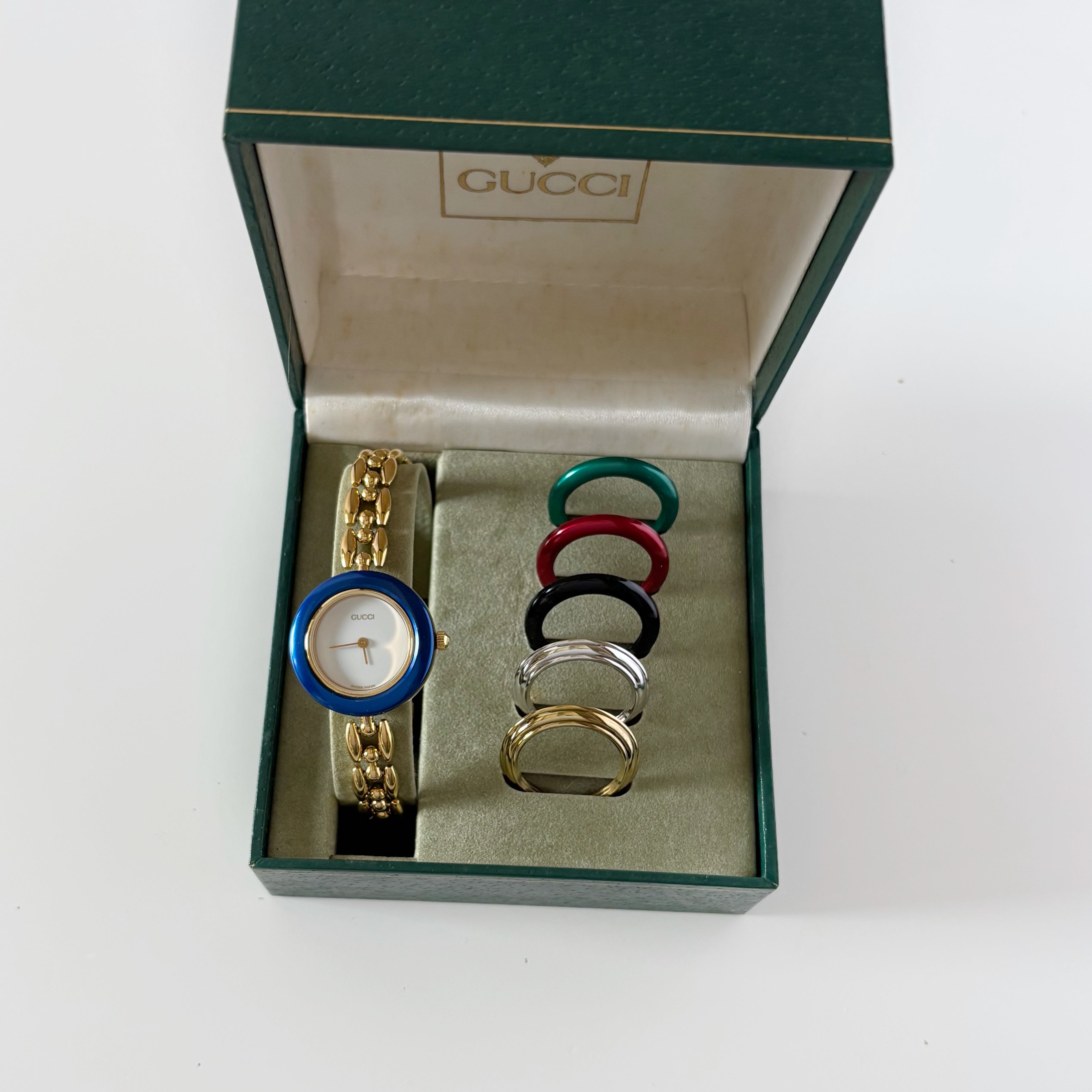 Gucci 1990s Interchangeable Bezel Gold Plated Rice Chain Watch