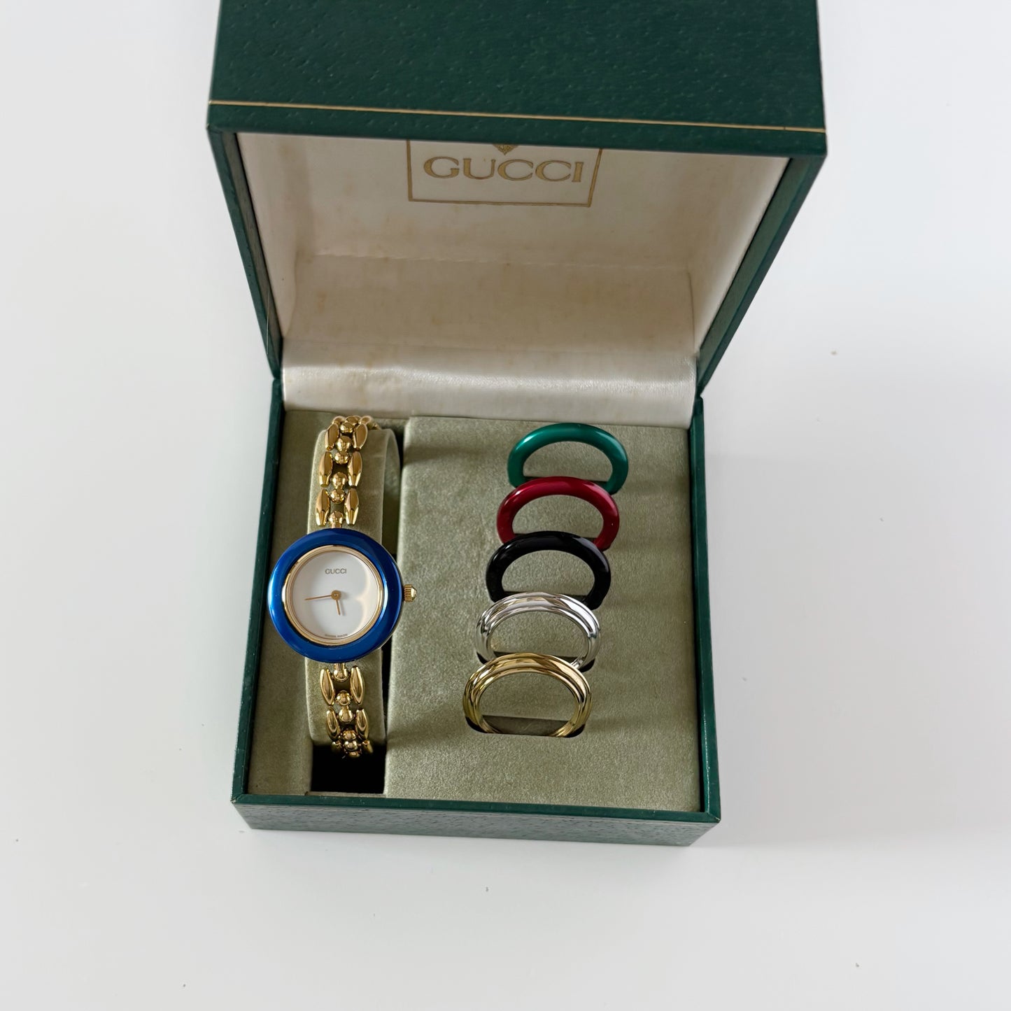 Gucci 1990s Interchangeable Bezel Gold Plated Rice Chain Watch with 6 bezels, case (172mm)