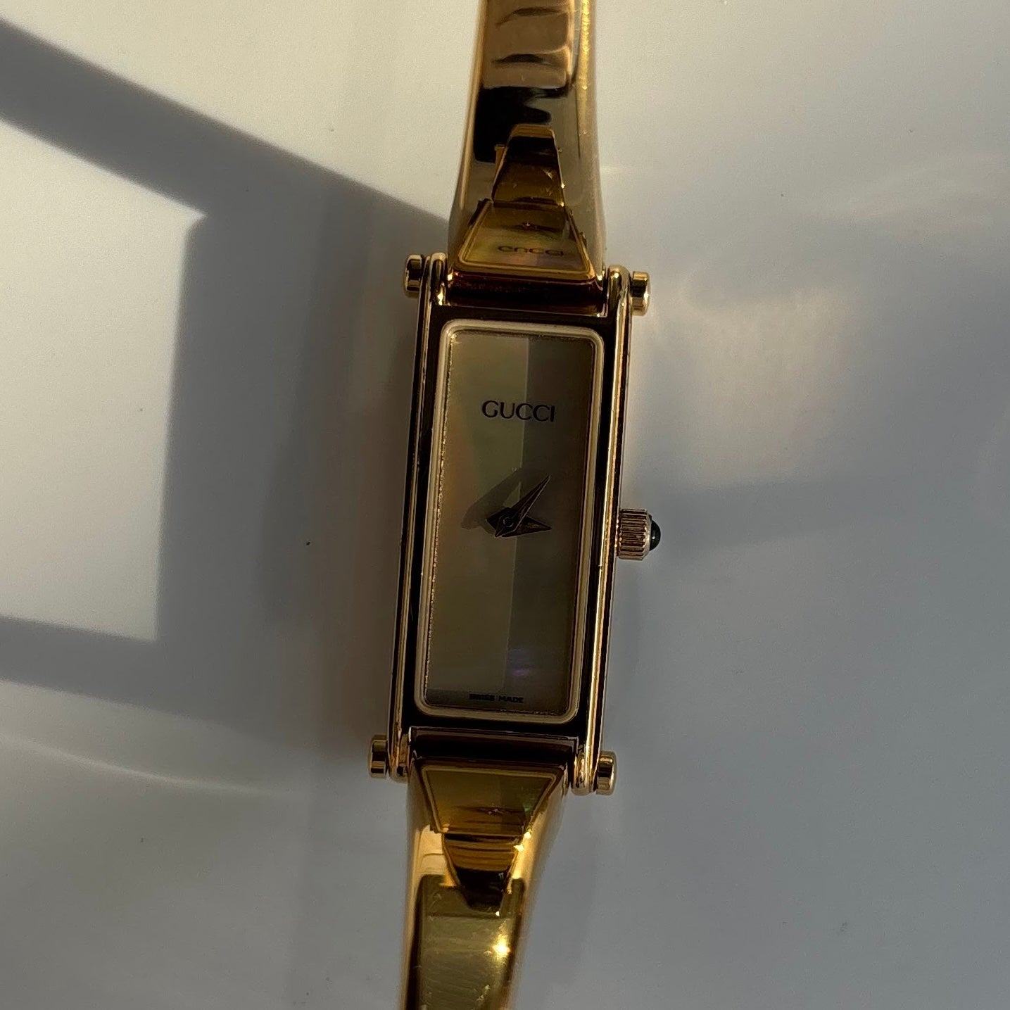 Gucci 1990s Seashell Dial Rectangular Gold Plated Bangle Watch