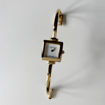 Gucci 1990s Square Dial Gold Plated Bangle Watch (Small)