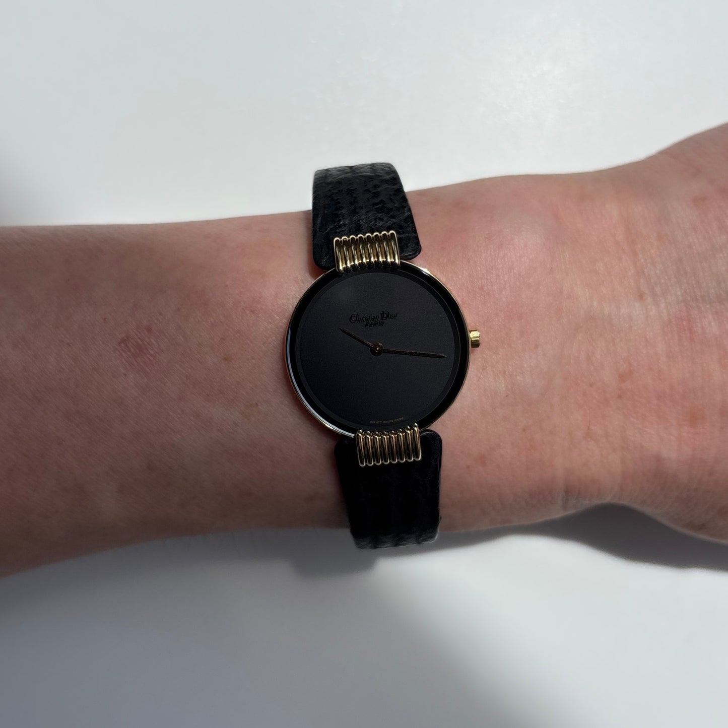 Dior 1990s Black Round Dial Gold Plated Watch