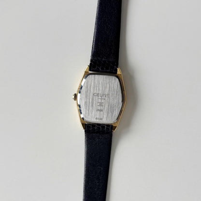 Celine 1980s Black Dial Gold Plated Watch