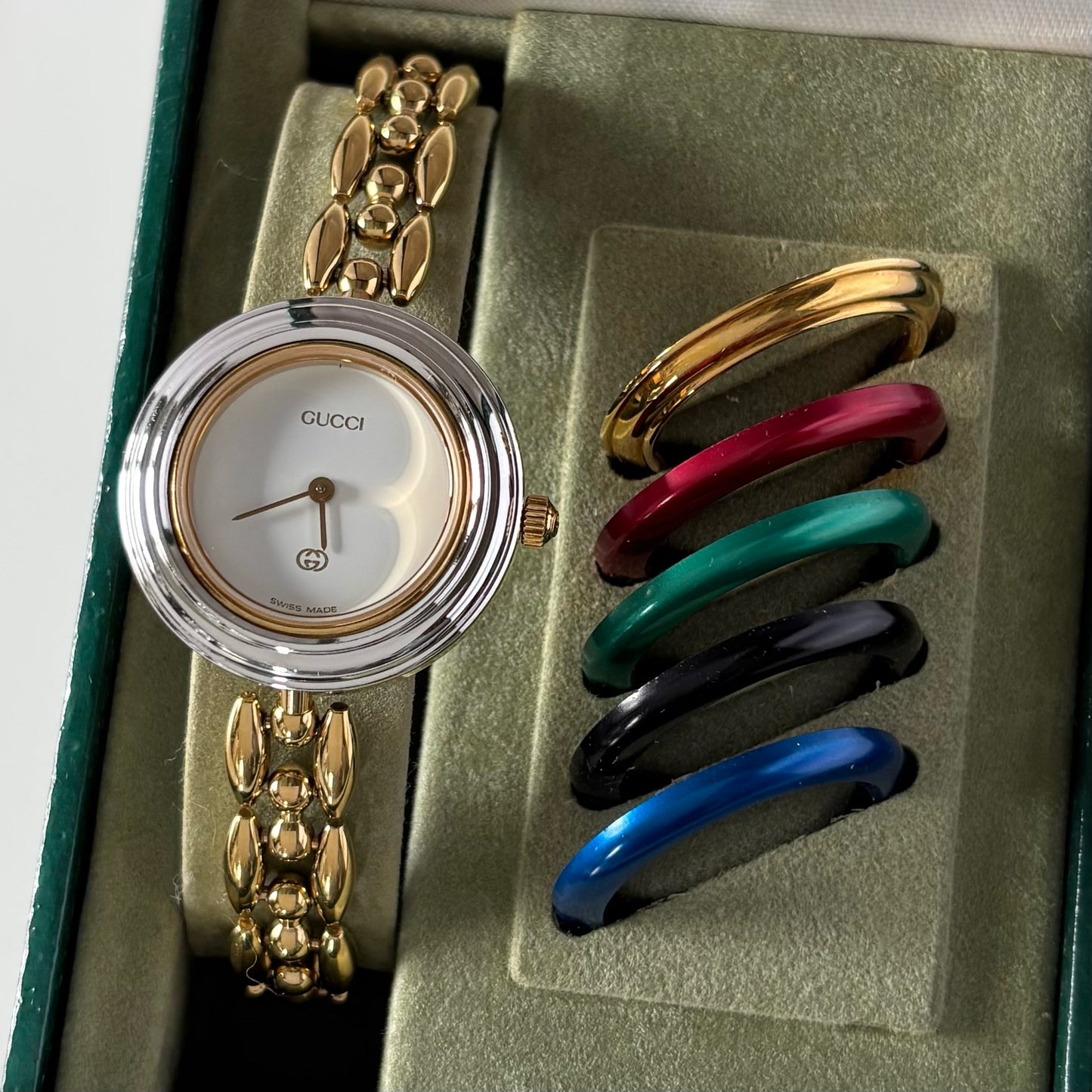 Gucci 1990s Interchangeable Bezel Gold Plated Rice Chain Watch with 6 bezels, case (160mm)